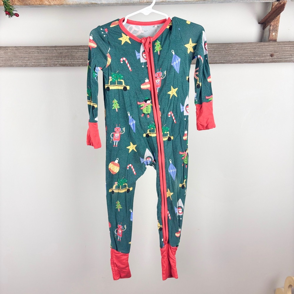 Kids Angel Dear Green Robot Christmas‎ Pajamas Sleepwear Jumpsuit 12 18 Months